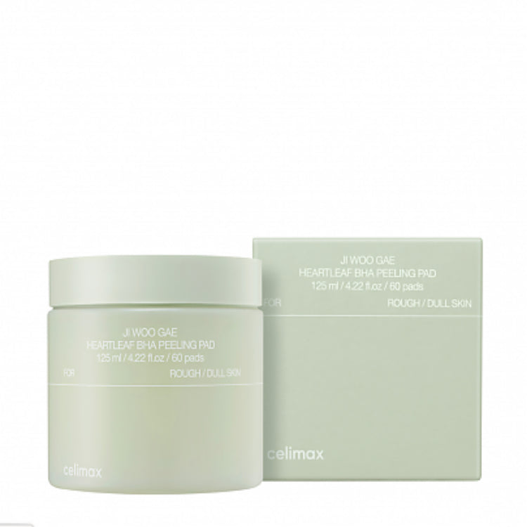celimax JIWOOGAE Cica BHA Blemish Toner Pad – 60pcs Korean exfoliating pads with Centella Asiatica and BHA available at Atelier De Glow UAE.