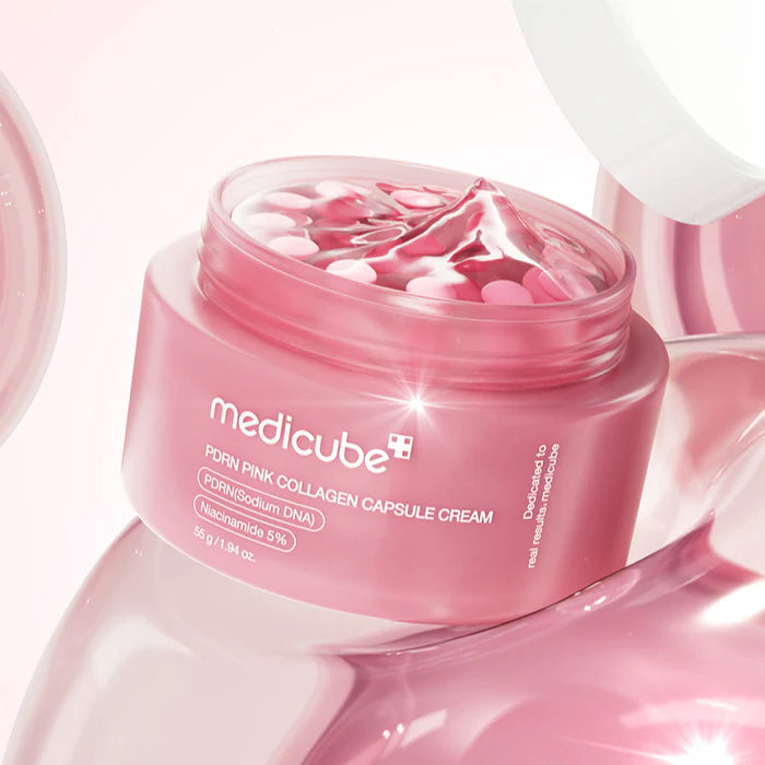 Medicube Pink Capsule Cream for sunken under-eye hollows, nasolabial expression creases, flat cheek contours, and paper-thin sagging skin sheets – Density booster from Atelier De Glow UAE.