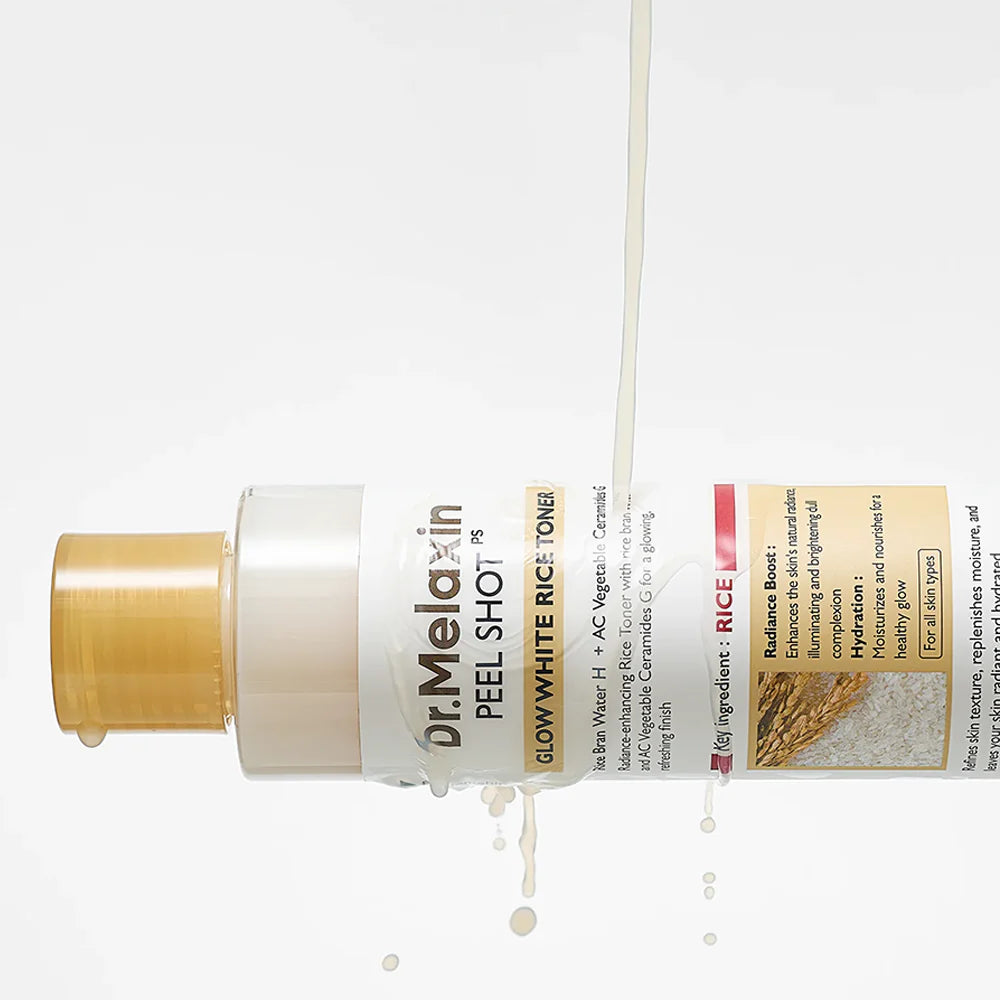 Dr. Melaxin Peel Shot β Professional-grade "Rice Glow" toner for achieving a polished, hydrated, and clear "Glass Skin" finish, shop at Atelier De Glow UAE.