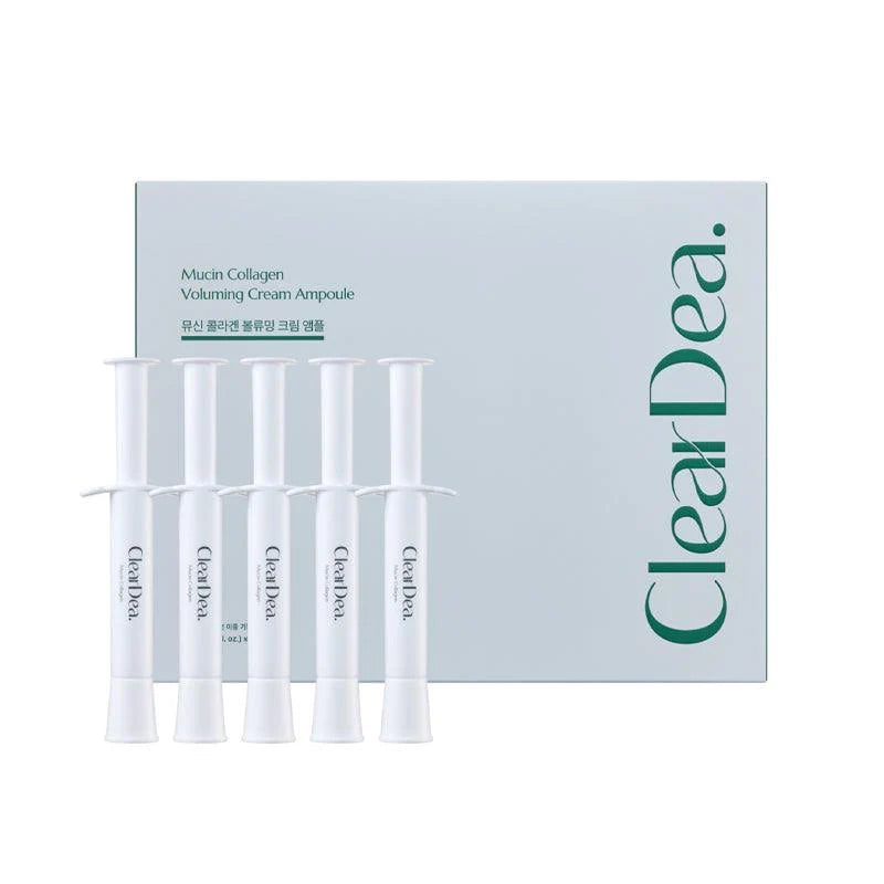 ClearDea Mucin Collagen Voluming Cream Ampoule – 5-piece set of Korean anti-aging vials with Vegan Mucin and Hydrolyzed Collagen available at Atelier De Glow UAE.