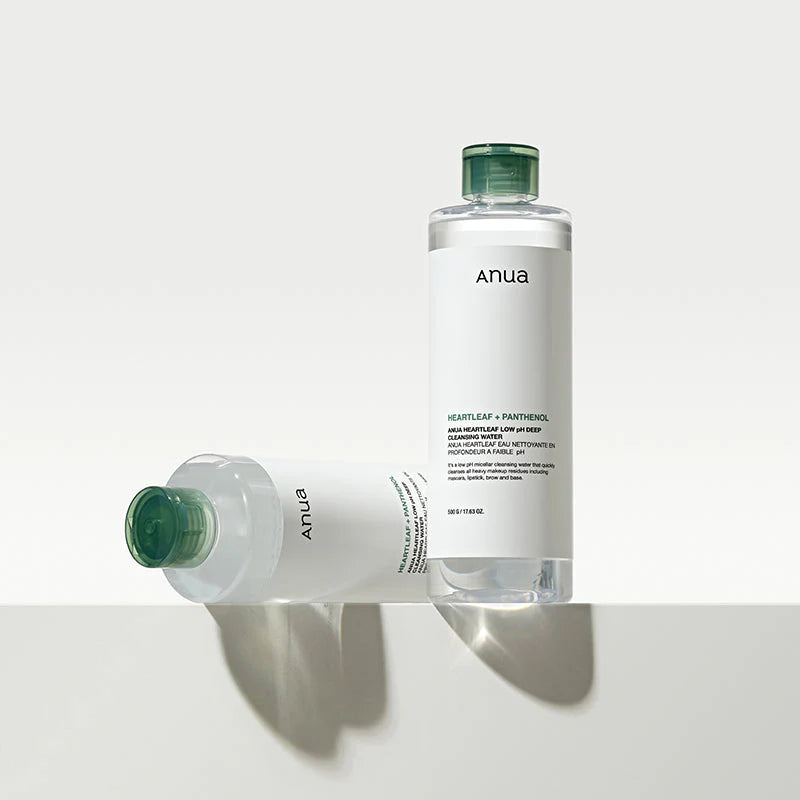 Crystal-clear, watery Anua Heartleaf Cleansing Water β Refreshing, no-rinse Korean cleanser for a "Glass Skin" clean base at Atelier De Glow UAE.