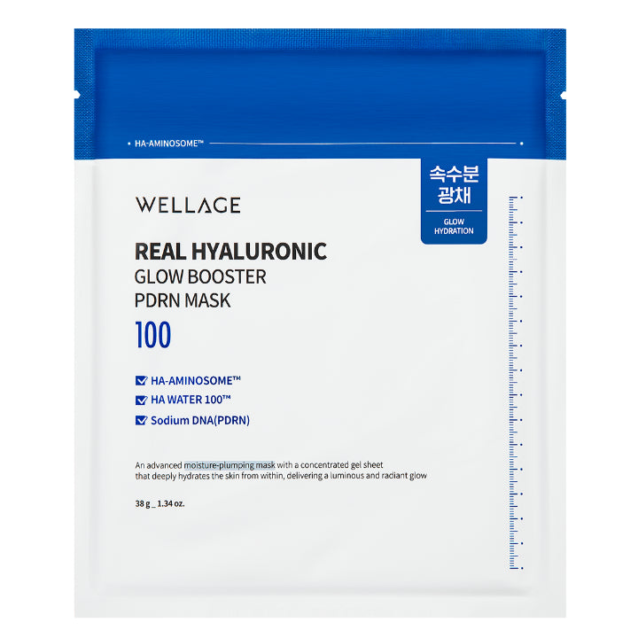 WELLAGE Real Hyaluronic Glow Booster PDRN Mask sachet 38g - Salmon DNA regenerative sheet mask - Atelier De Glow UAE