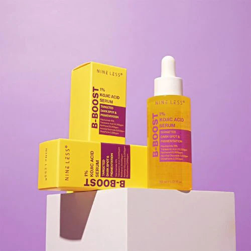 Lightweight, non-sticky texture of NINELESS B-Boost Kojic Acid Serum β Fast-absorbing, high-potency liquid for a bright "Glass Skin" look at Atelier De Glow UAE.