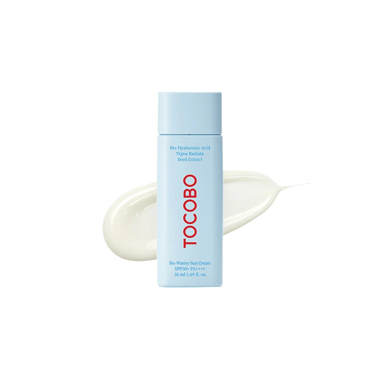TOCOBO Bio Watery Sun Cream – 50ml Korean SPF 50+ with Bio-Hyaluronic Acid and Mung Bean Extract available at Atelier De Glow UAE.