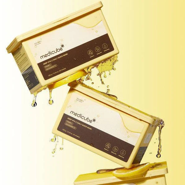 Ultra-thin, completely translucent, and cooling cellulose sheet texture of Medicube Vita C Daily Mask hugging the facial curves at Atelier De Glow UAE.