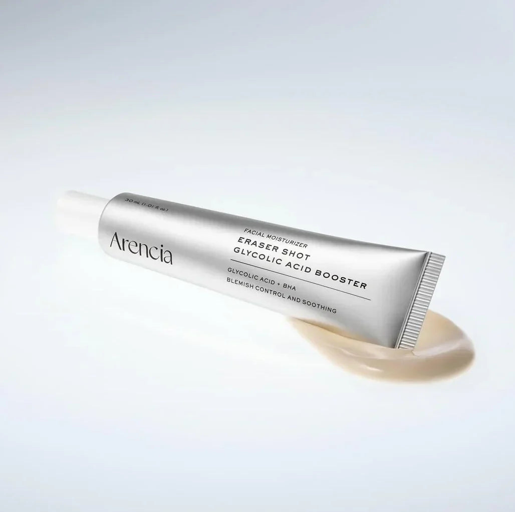 Weightless, smooth, and quick-absorbing clear fluid texture of Arencia Eraser Shot melting seamlessly into congested facial zones at Atelier De Glow UAE.