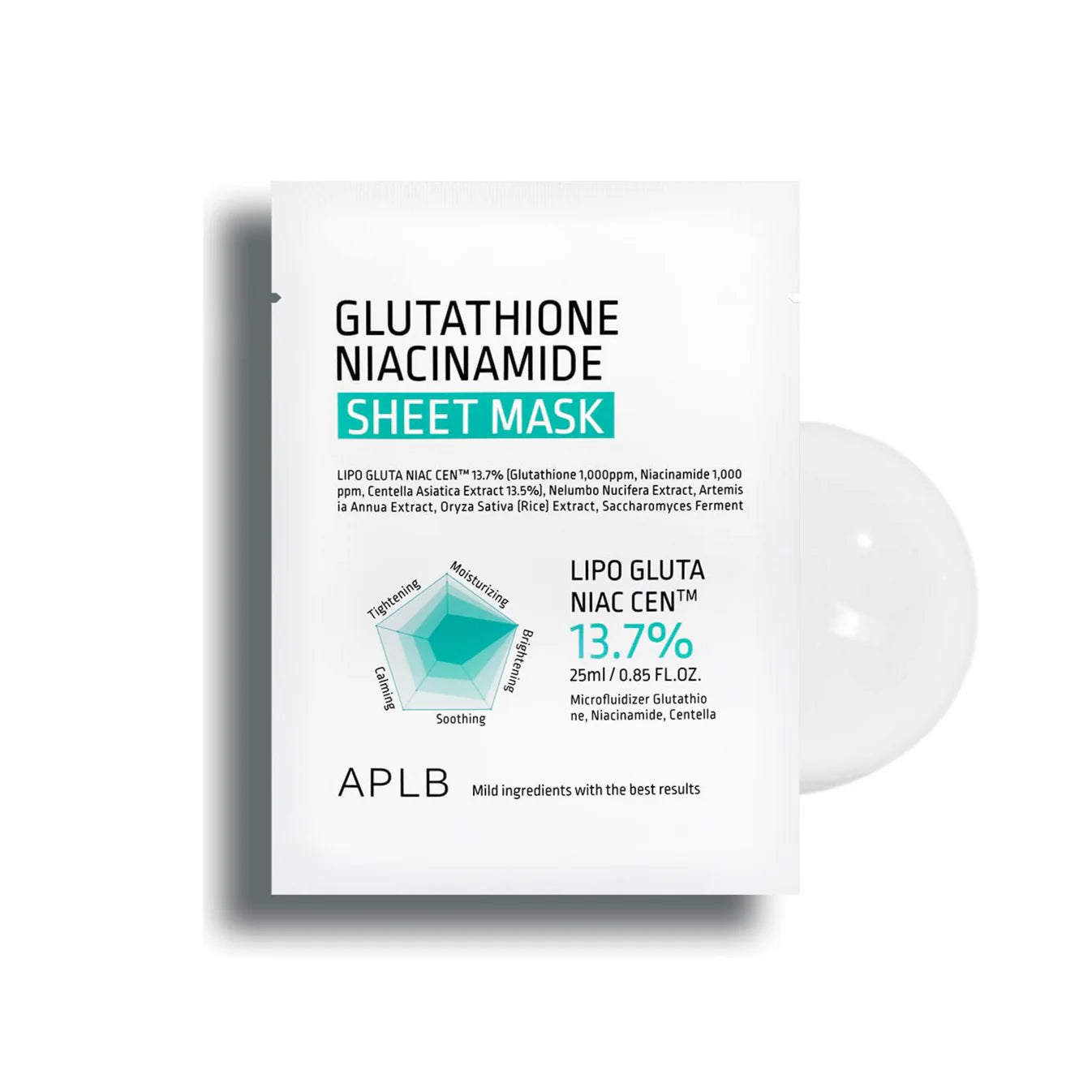 APLB Glutathione Niacinamide Sheet Mask 25ml – Korean brightening mask with high-concentration Glutathione and Niacinamide at Atelier De Glow UAE.