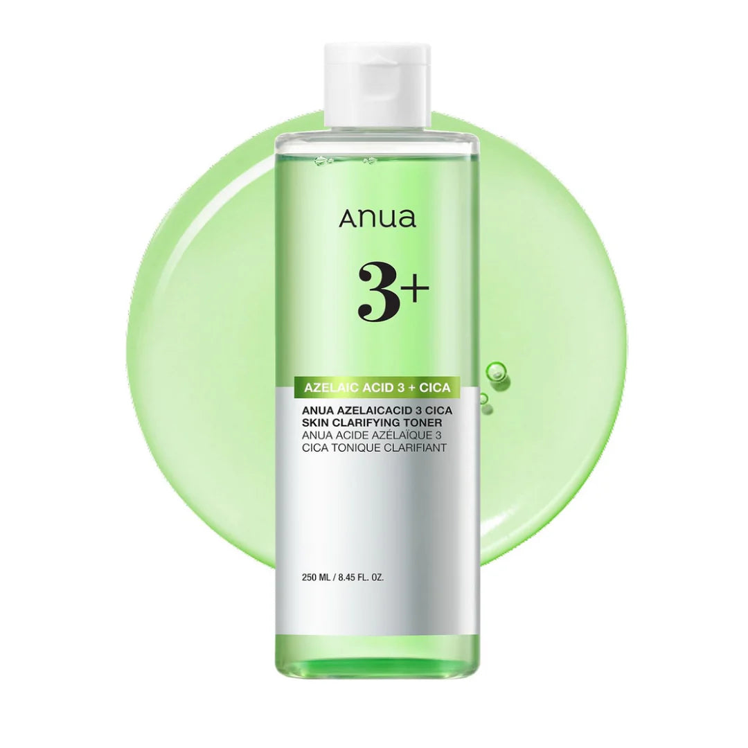 Anua Azelaic Acid 3 Cica Skin Clarifying Toner 250ml – 3% Azelaic Acid and Centella Asiatica infused Korean clarifying toner available at Atelier De Glow UAE.