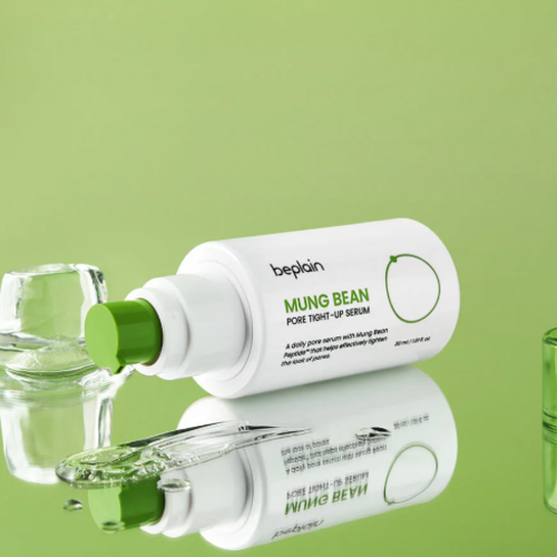 Refreshing, lightweight gel texture of beplain Mung Bean Pore Serum β Fast-absorbing Korean skincare for "Glass Skin" refinement at Atelier De Glow UAE.
