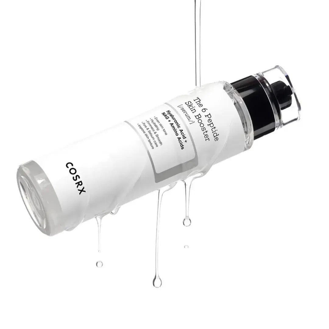 Water-like, fast-absorbing texture of COSRX 6 Peptide Skin Booster β Lightweight Korean "First-Step" serum for a smooth "Glass Skin" base at Atelier De Glow UAE.