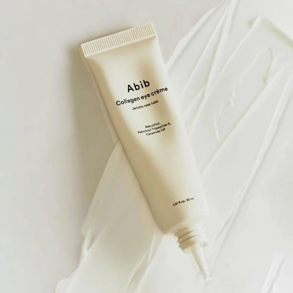 Creamy Abib Collagen Eye Crème Jericho Rose texture – Targeted tube applicator for precise Korean eye care and moisture-locking at Atelier De Glow UAE.