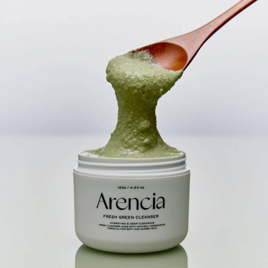 Handcrafted Green Rice and botanical extracts in Arencia Mochi Cleanser – Natural Korean skincare for "Glass Skin" clarity and brightening at Atelier De Glow UAE.