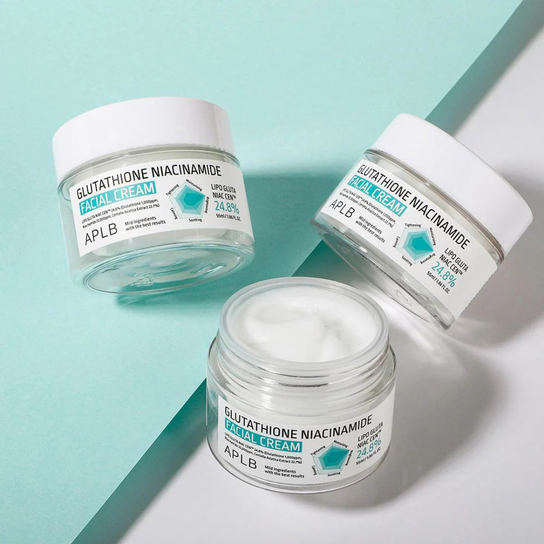 Silky, non-greasy texture of APLB Glutathione Niacinamide Cream β Lightweight Korean moisturizer for "Glass Skin" clarity and moisture-locking at Atelier De Glow UAE.