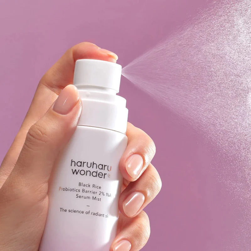 Ultra-fine fog spray of Haruharu Black Rice NAD+ Mist – Bi-phase serum-in-mist for instant moisture and barrier protection at Atelier De Glow UAE.