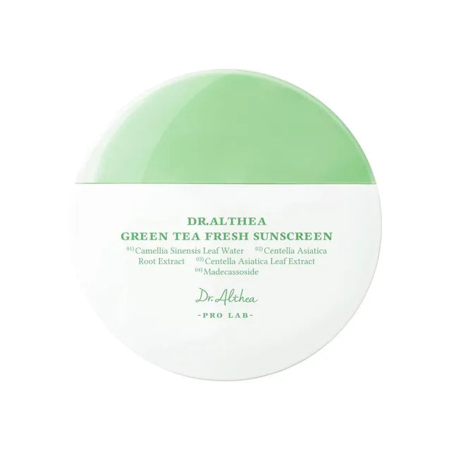 Dr. Althea Green Tea Fresh Sunscreen β 45ml SPF 50+ PA++++ Korean sunscreen with Green Tea Extract and Anti-Sebum P available at Atelier De Glow UAE.