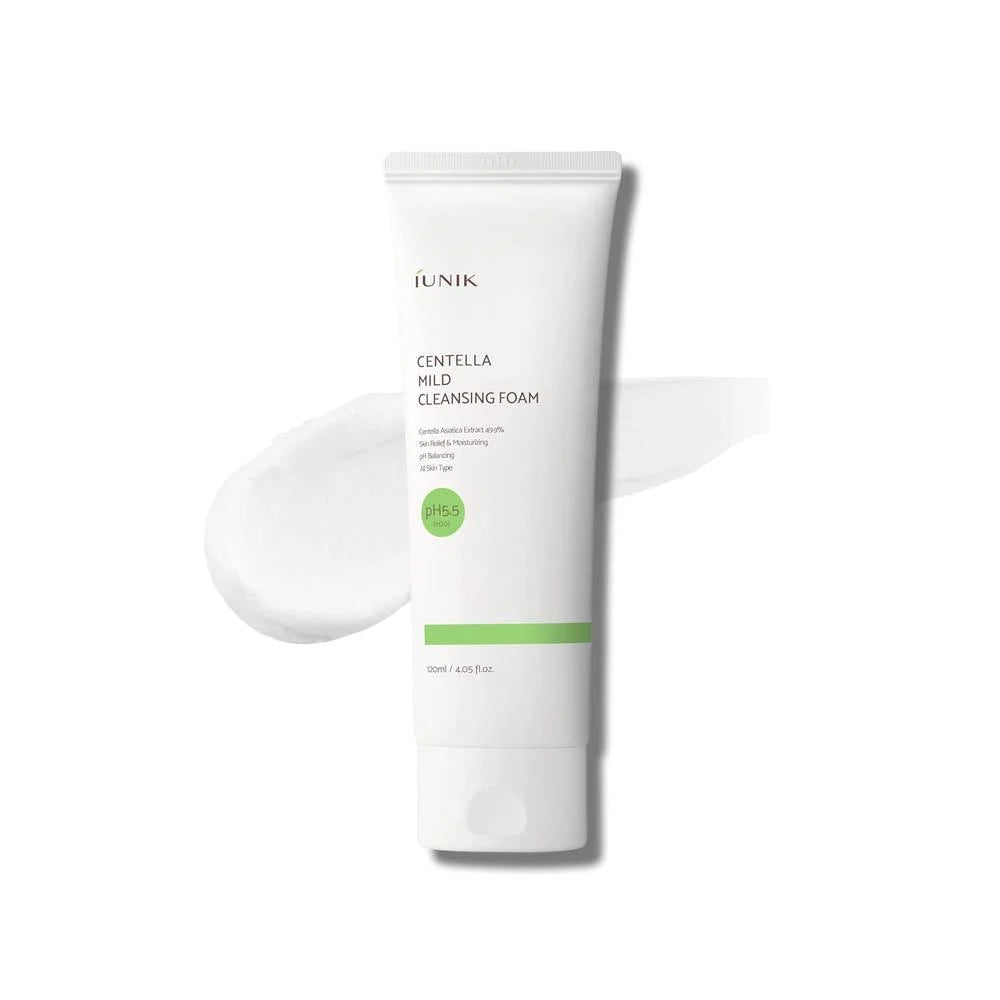 iUNIK Centella Mild Cleansing Foam – 120ml low-pH facial cleanser with 49.9% Centella Asiatica Extract available at Atelier De Glow UAE.