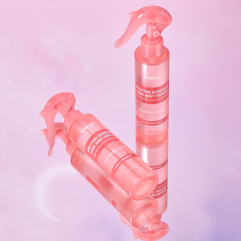 Fine-mist KUNDAL Protein Bonding spray in Violet Muguet β Elegant floral-scented Korean hair perfume and protein-rebuilder at Atelier De Glow UAE.