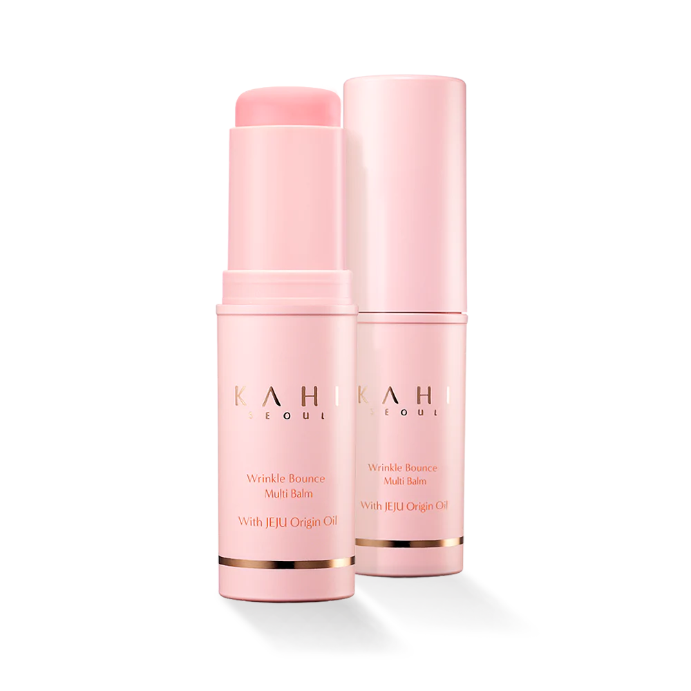 Pink KAHI Wrinkle Bounce Multi Balm Stick texture β Non-sticky glossy Korean balm for glass skin and makeup prep at Atelier De Glow UAE.