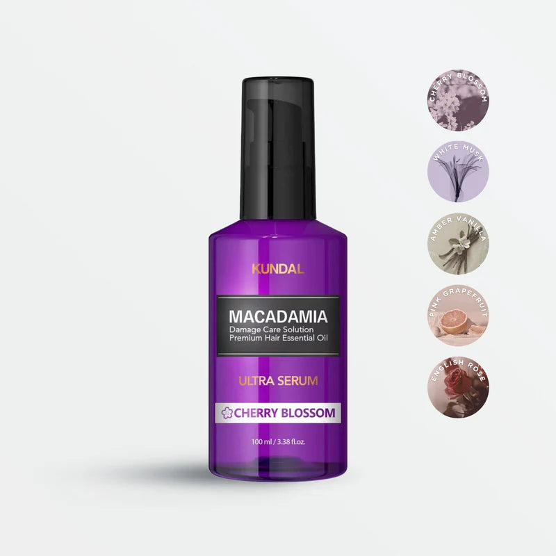 Lightweight KUNDAL Cherry Blossom Hair Serum texture – Elegant floral-scented Korean hair oil for instant smoothness at Atelier De Glow UAE.