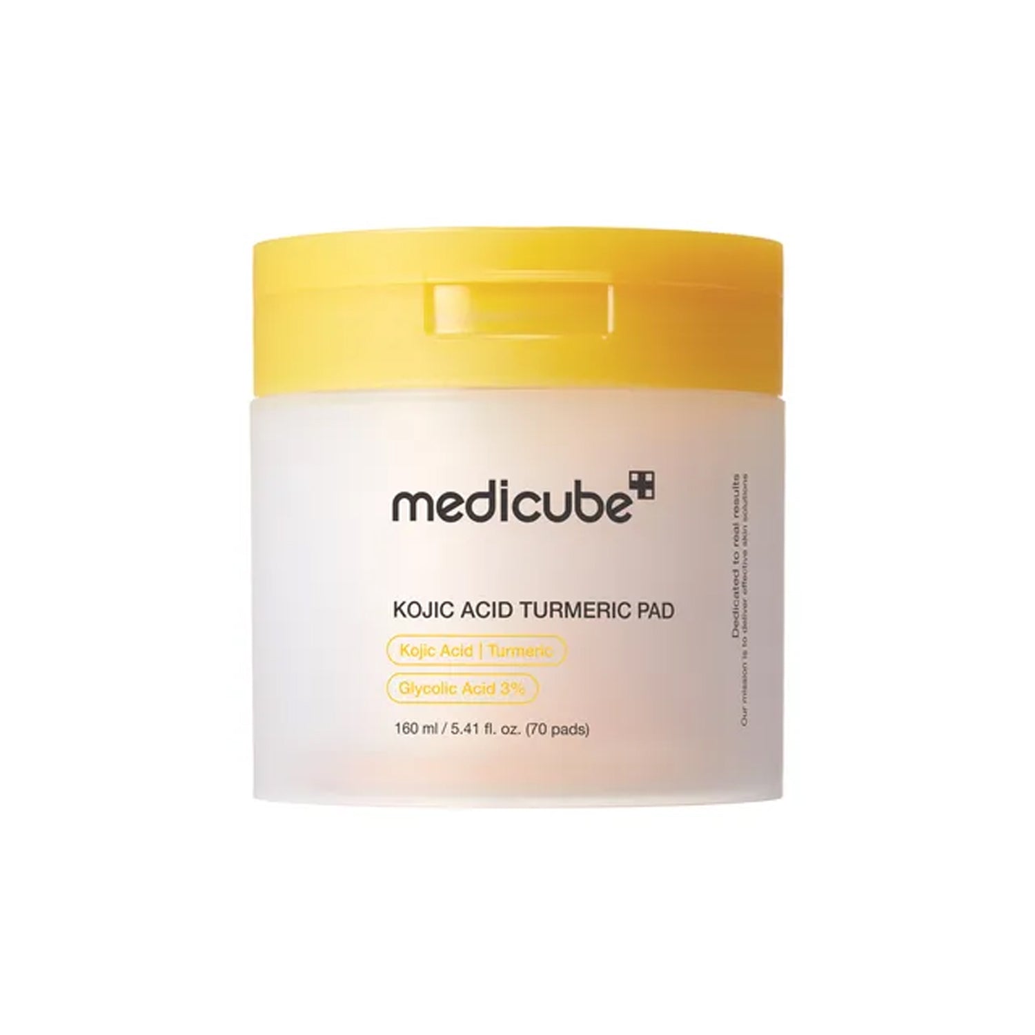 Medicube Kojic Acid Turmeric Pad β 70 count jar of pre-soaked daily brightening toner pads with encapsulated Kojic Acid and Turmeric Extract available at Atelier De Glow UAE.