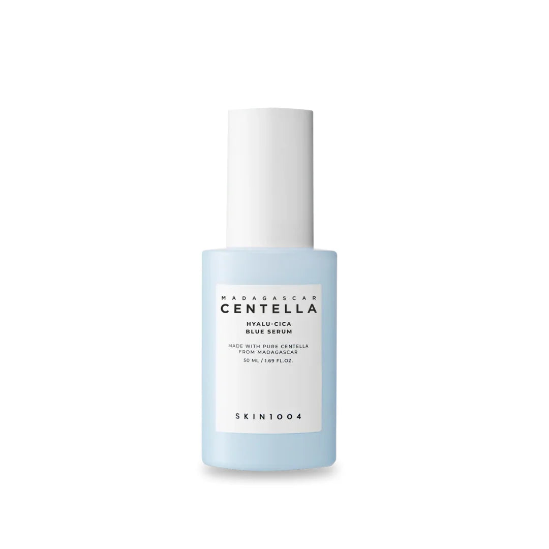 SKIN1004 Madagascar Centella Hyalu-Cica Blue Serum 50ml – premium soothing face serum formulated with Centella Asiatica and multi-layer hyaluronic acid for deep hydration available at Atelier De Glow UK.