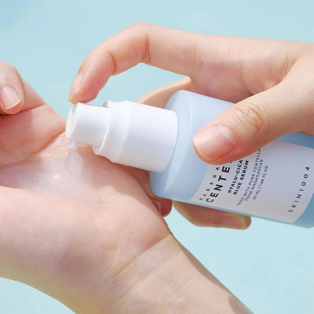 Lightweight, fast-absorbing, and non-sticky blue gel texture of SKIN1004 Madagascar Centella serum that leaves skin feeling plump, refreshed, and dewy at Atelier De Glow UK.