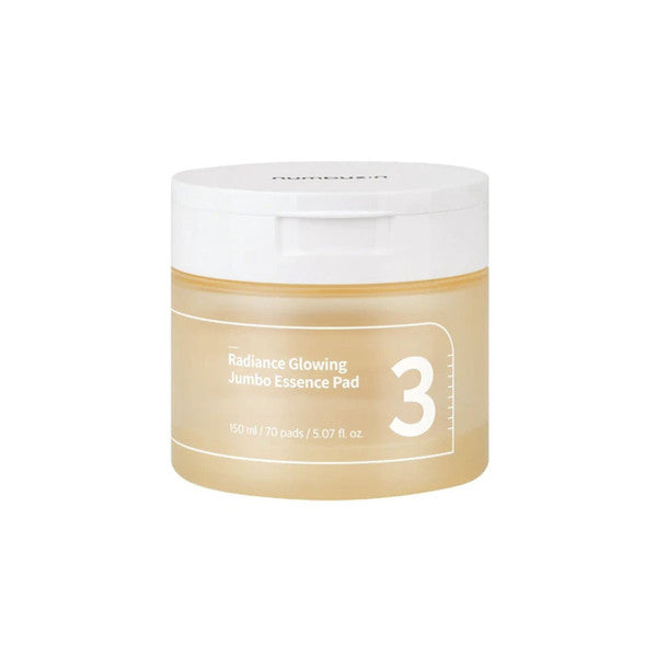 numbuzin No.3 Radiance Glowing Essence Pad – 70-count Korean fermented toner pads with Bifida and Galactomyces available at Atelier De Glow UAE.