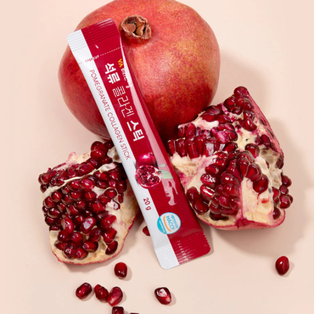 Succulent pomegranate-flavored Vitamin Village Collagen jelly sticks β Travel-friendly, easy-to-consume daily collagen boost at Atelier De Glow UAE.