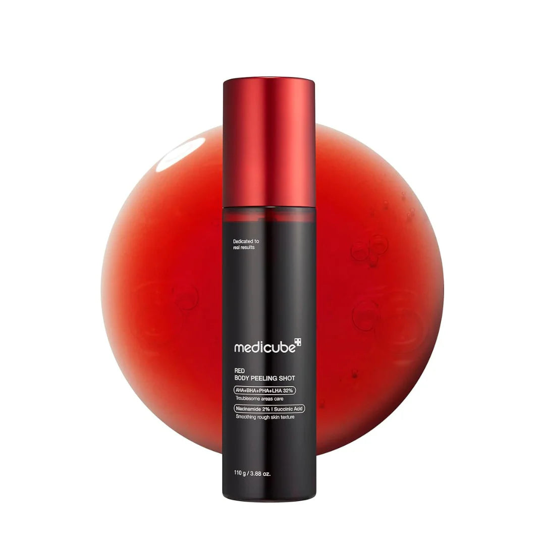 Fast-absorbing liquid formula of medicube Body Peeling Shot – Non-sticky, rinse-off body exfoliant for smoothing rough skin at Atelier De Glow UAE.