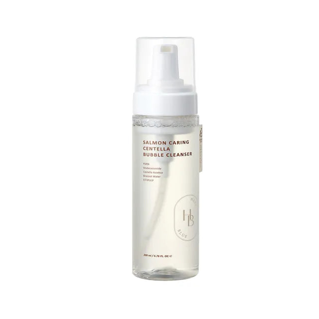 HEVEBLUE Salmon Caring Centella Bubble Cleanser β 200ml self-foaming pH balanced face wash with Salmon PDRN and Centella at Atelier De Glow UAE.
