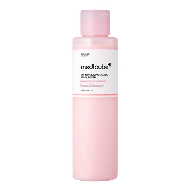 Medicube PDRN Pink Niacinamide Milky Toner β 150ml skin-repairing treatment with Salmon DNA and Niacinamide available at Atelier De Glow UAE.