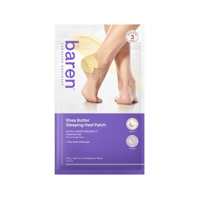 Baren Shea Butter Sleeping Heel Patch – 6 pack of 0.05mm ultra-thin overnight exfoliating and deeply moisturizing heel patches available at Atelier De Glow UAE.