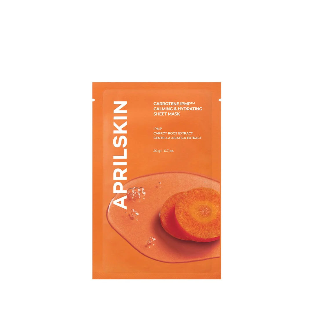 APRILSKIN Carrotene IPMP Calming & Hydrating Sheet Mask – Korean acne-soothing mask with Beta-Carotene and Isopropyl Methylphenol at Atelier De Glow UAE.