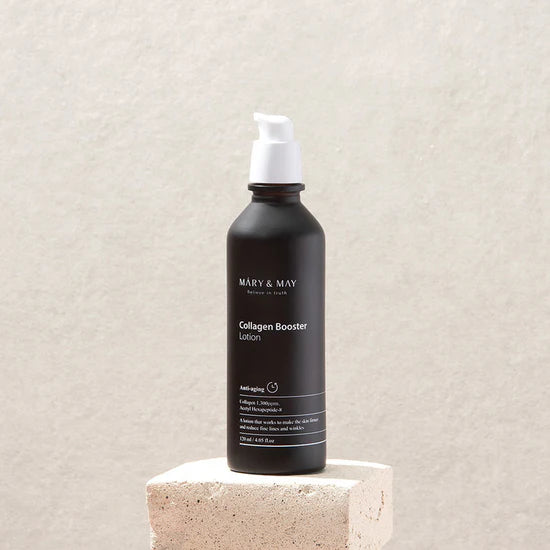 Silky fluid texture of Mary & May Collagen Emulsion – Lightweight, fast-absorbing firming lotion for layered hydration at Atelier De Glow UAE.
