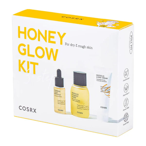 COSRX Honey Glow Trial Kit β 3-step Korean propolis routine with Toner, Ampoule, and Light Cream available at Atelier De Glow UAE.