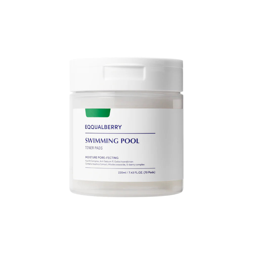EQQUALBERRY Swimming Pool Toner Pads β Korean hydrating facial pads with 5 types of Hyaluronic Acid and mineral Seawater available at Atelier De Glow UAE.