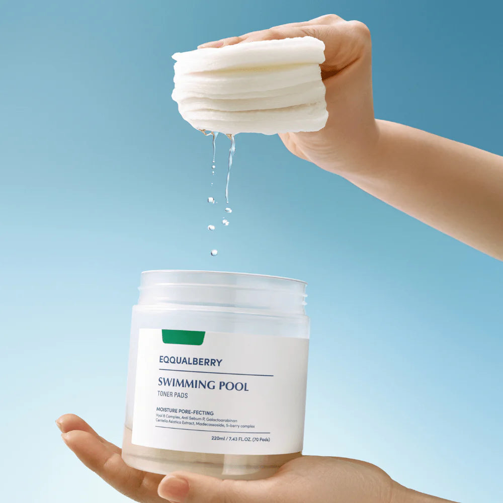 EQQUALBERRY Swimming Pool β Professional-grade "Moisture Rescue" pads for achieving a dewy, radiant, and luminous "Glass Skin" base, shop at Atelier De Glow UAE.