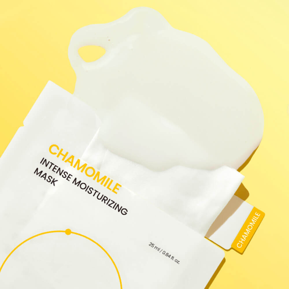 Eco-friendly, soft sheet texture of beplain Chamomile Moisturizing Mask β Luxurious hydration for "Glass Skin" calm at Atelier De Glow UAE.
