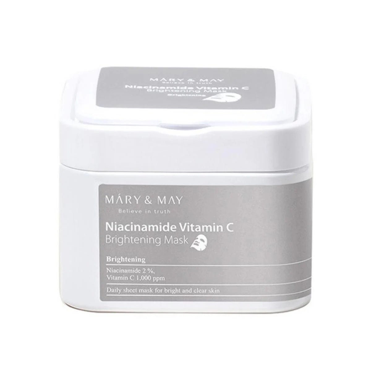MARY & MAY Niacinamide Vitamin C Brightening Mask β 30pcs bulk daily-use hyperpigmentation and radiance sheet mask case available at Atelier De Glow UAE.