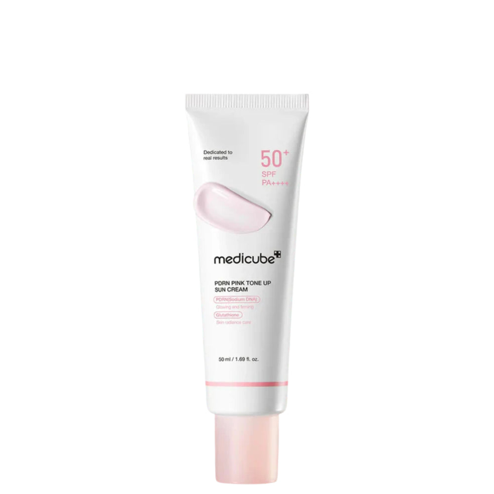 Medicube PDRN Pink Tone Up Sun Cream – 50ml clinical SPF 50+ PA++++ sunscreen infused with 99% pure PDRN, Glutathione, and Niacinamide available at Atelier De Glow UAE.