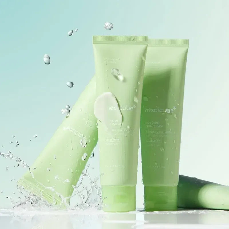 Cushion-soft, featherlight, and non-greasy pale green gel-cream texture of Medicube Exosome Cica Cream absorbing into the skin at Atelier De Glow UAE.