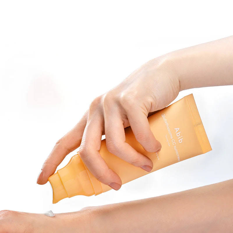 Lightweight Abib Glutathiosome CC Cream texture – Non-greasy, color-correcting Korean sunscreen for a "Glass Skin" finish and HD glow at Atelier De Glow UAE.