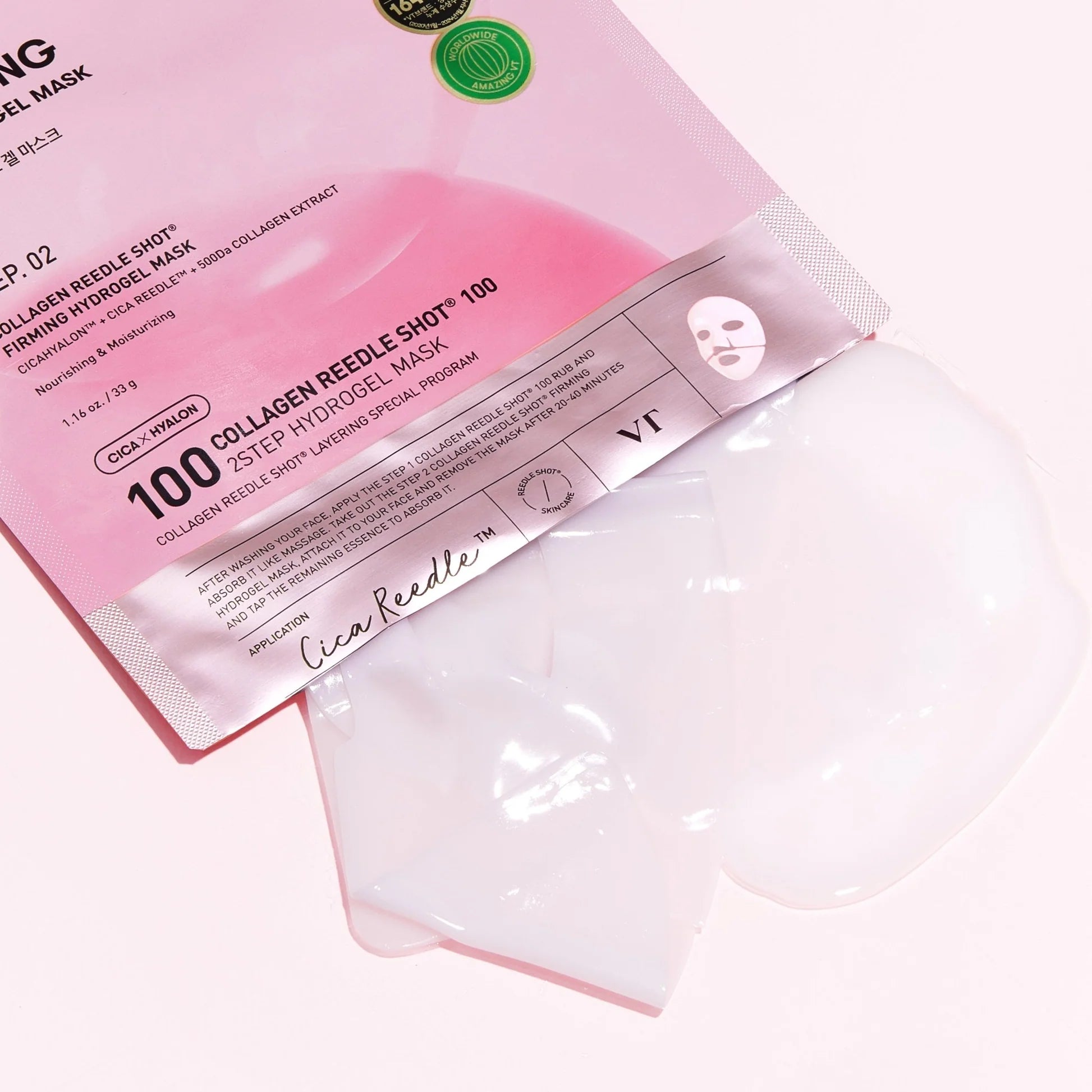 Tingling Cica Reedle essence followed by a cooling, two-piece split collagen hydrogel sheet from VT Cosmetics available at Atelier De Glow UAE.
