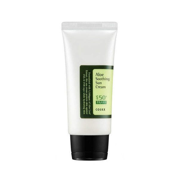 COSRX Aloe Soothing Sun Cream – 50ml Korean sunscreen with 5,500ppm Aloe Arborescens Leaf Extract and SPF 50+ PA+++ available at Atelier De Glow UAE.