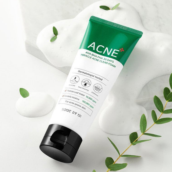 Some By Mi foam cleanser for acne-prone skin, blackheads, and oily texture β Calming and exfoliating daily face wash from Atelier De Glow UAE.