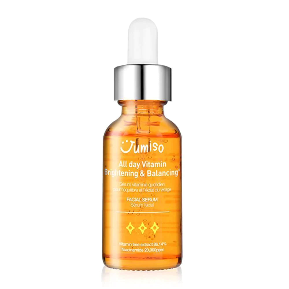 Jumiso All Day Vitamin Brightening & Balancing Facial Serum orange bottle β 86.14% Vitamin Tree (Sea Buckthorn) Extract and Hyaluronic Acid available at Atelier De Glow UAE.