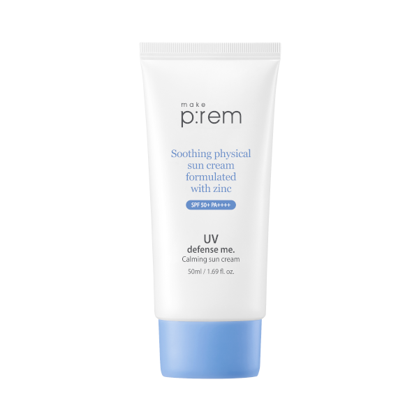 make p:rem UV Defense Me. Calming Sun Cream – 50ml 100% mineral Zinc Oxide Korean sunscreen available at Atelier De Glow UAE.