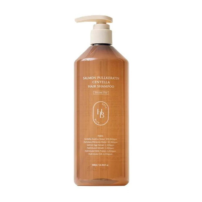 HEVEBLUE Salmon Pullkeratin Centella Hair Shampoo – 500ml strengthening cleanser with Salmon PDRN and Keratin available at Atelier De Glow UAE.