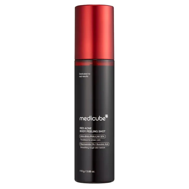 medicube Red Acne Body Peeling Shot 2.0 – 110g intensive body peel with AHA, BHA, PHA, and Succinic Acid available at Atelier De Glow UAE.