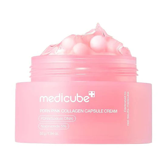 Medicube PDRN Pink Collagen Capsule Cream – 55g clinical anti-aging moisturizer with Salmon DNA PDRN capsules suspended in a firming collagen gel base available at Atelier De Glow UAE.